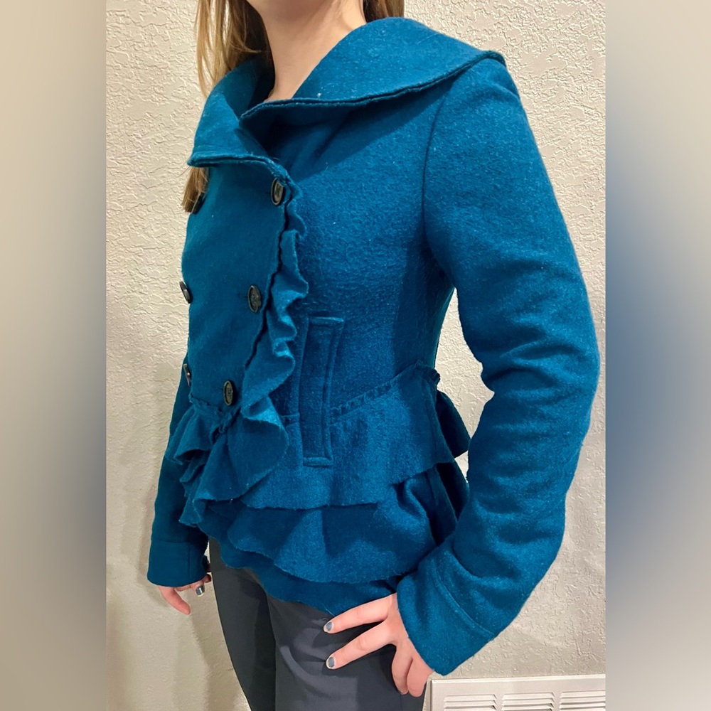 Elevenses anthropology Womens  Jacket with ruffle teal color  Size 6
